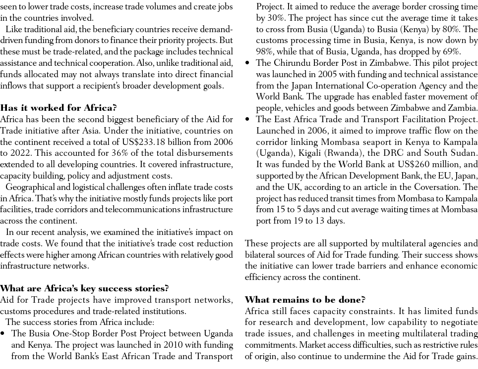 seen to lower trade costs, increase trade volumes and create jobs in the countries involved. Like traditional aid, th...
