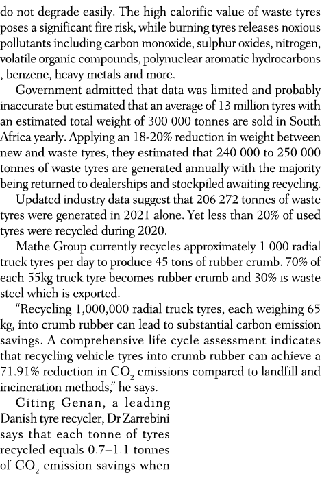 do not degrade easily. The high calorific value of waste tyres poses a significant fire risk, while burning tyres rel...