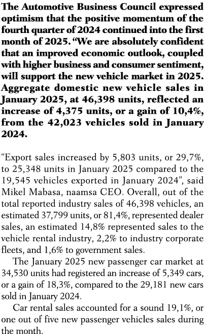 The Automotive Business Council expressed optimism that the positive momentum of the fourth quarter of 2024 continued...